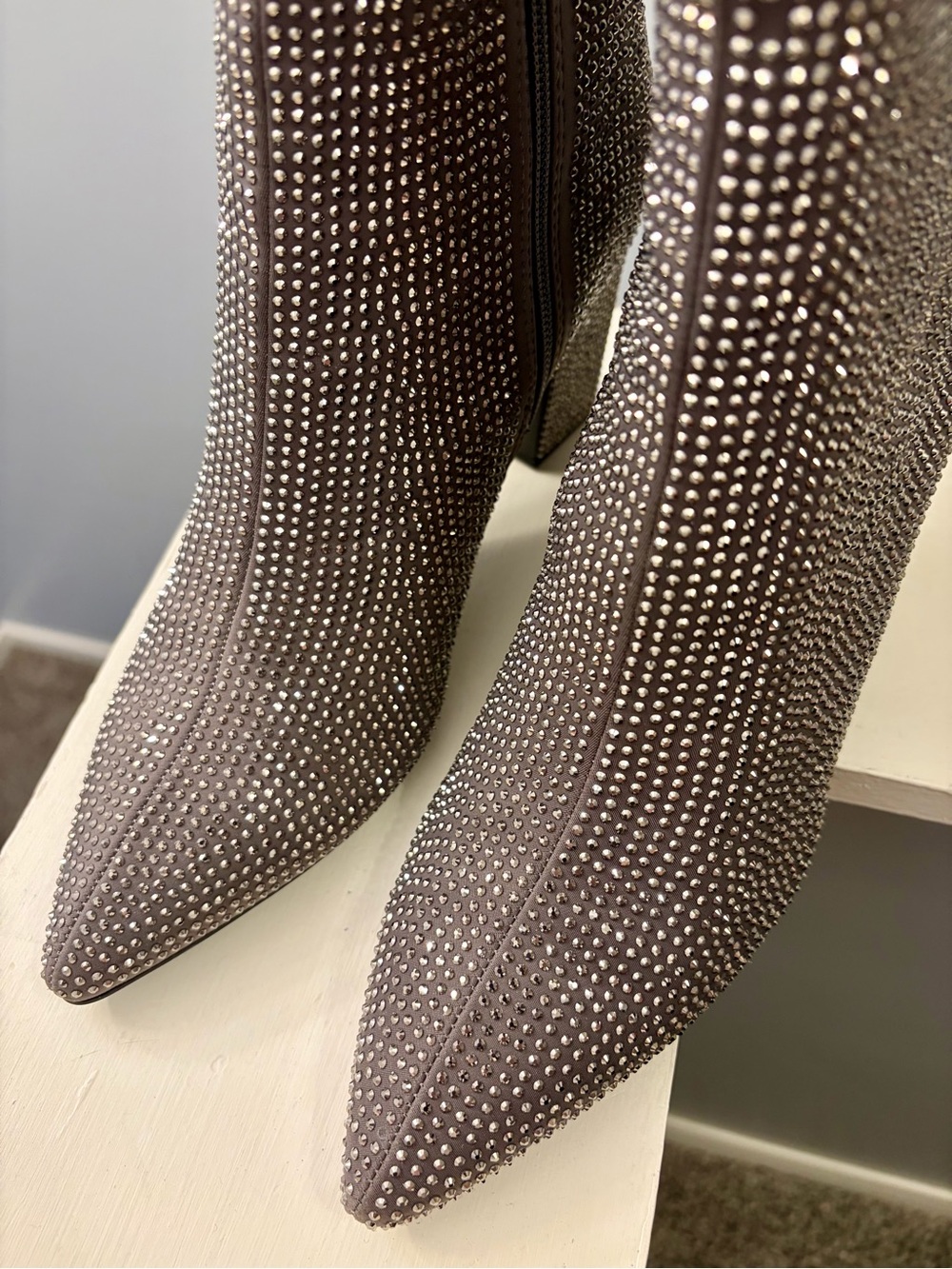 Rhinestone Studded Gray Ankle Boots Pointed Toe Size 8.5